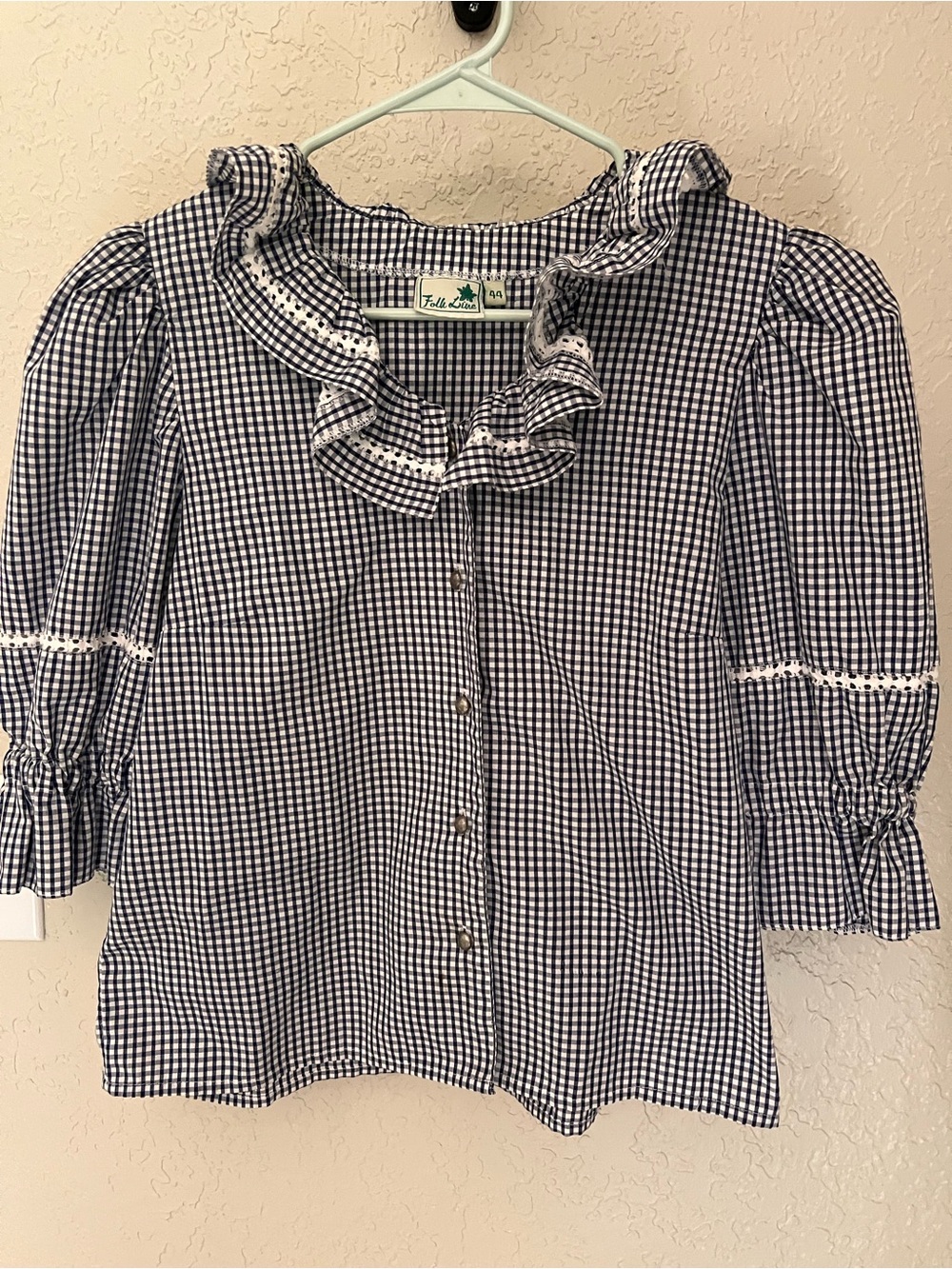 Vintage Spring Gingham Ruffle Button-Front Blouse